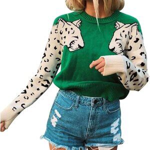 Green Knit Leopard Print Pullover Sweater | Size L
